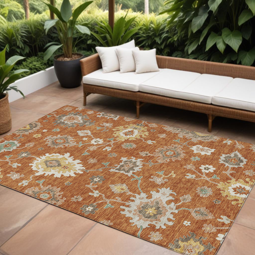 10' X 14' Orange Ivory And Gray Floral Washable Indoor Outdoor Area Rug
