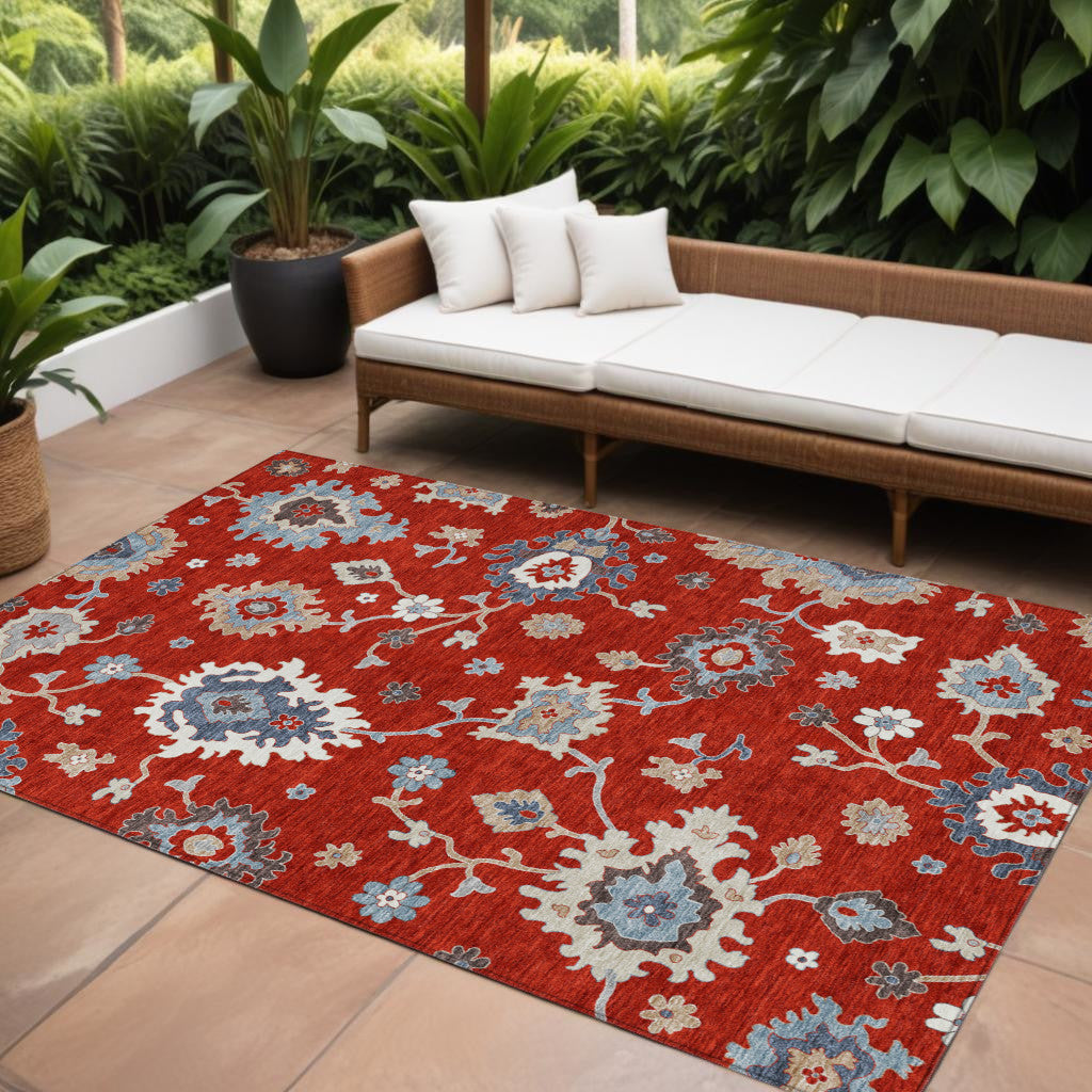 9' X 12' Red Gray And Taupe Floral Washable Indoor Outdoor Area Rug