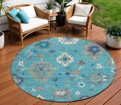 8' Teal Blue Silver And Gray Round Floral Washable Indoor Outdoor Area Rug