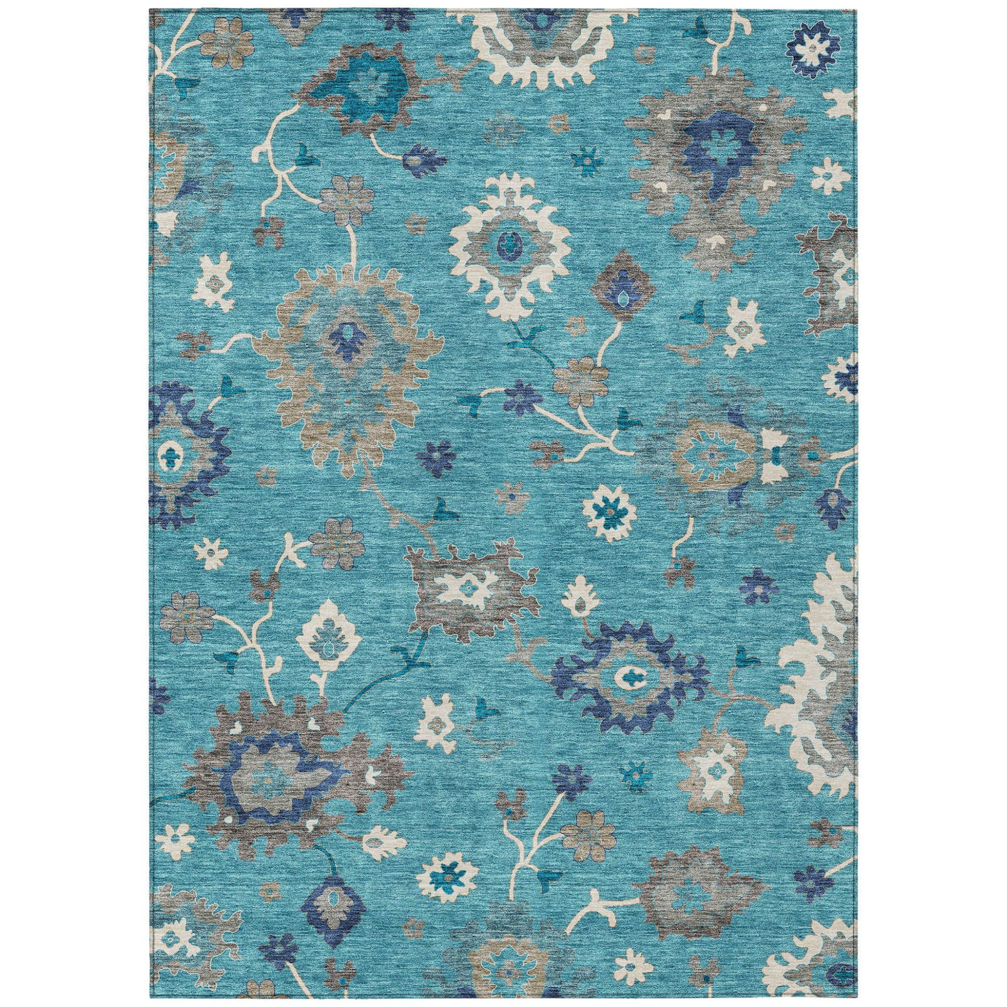 8' X 10' Teal Blue Silver And Gray Floral Washable Indoor Outdoor Area Rug