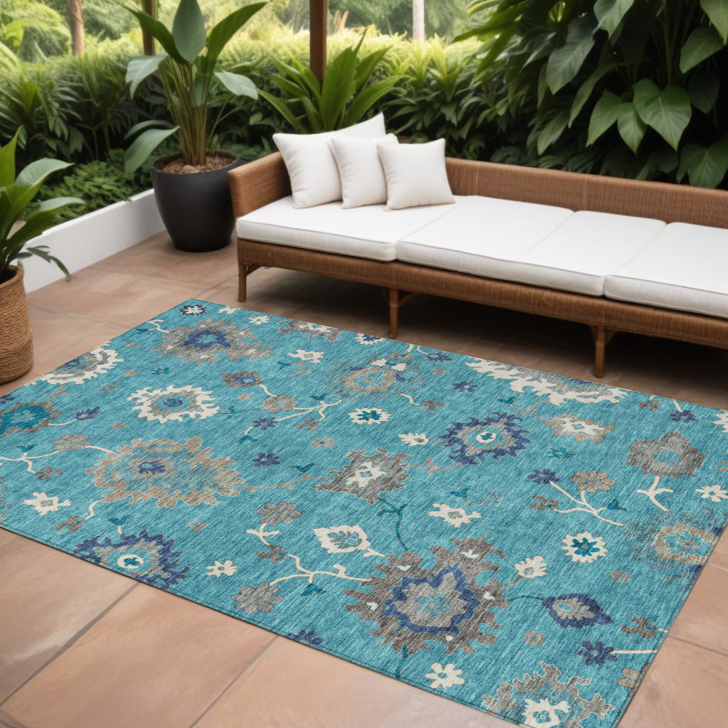 9' X 12' Teal Blue Silver And Gray Floral Washable Indoor Outdoor Area Rug