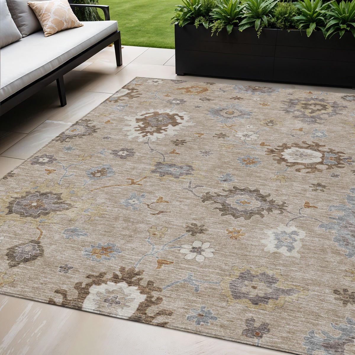 5' X 8' Taupe Silver And Gray Floral Washable Indoor Outdoor Area Rug