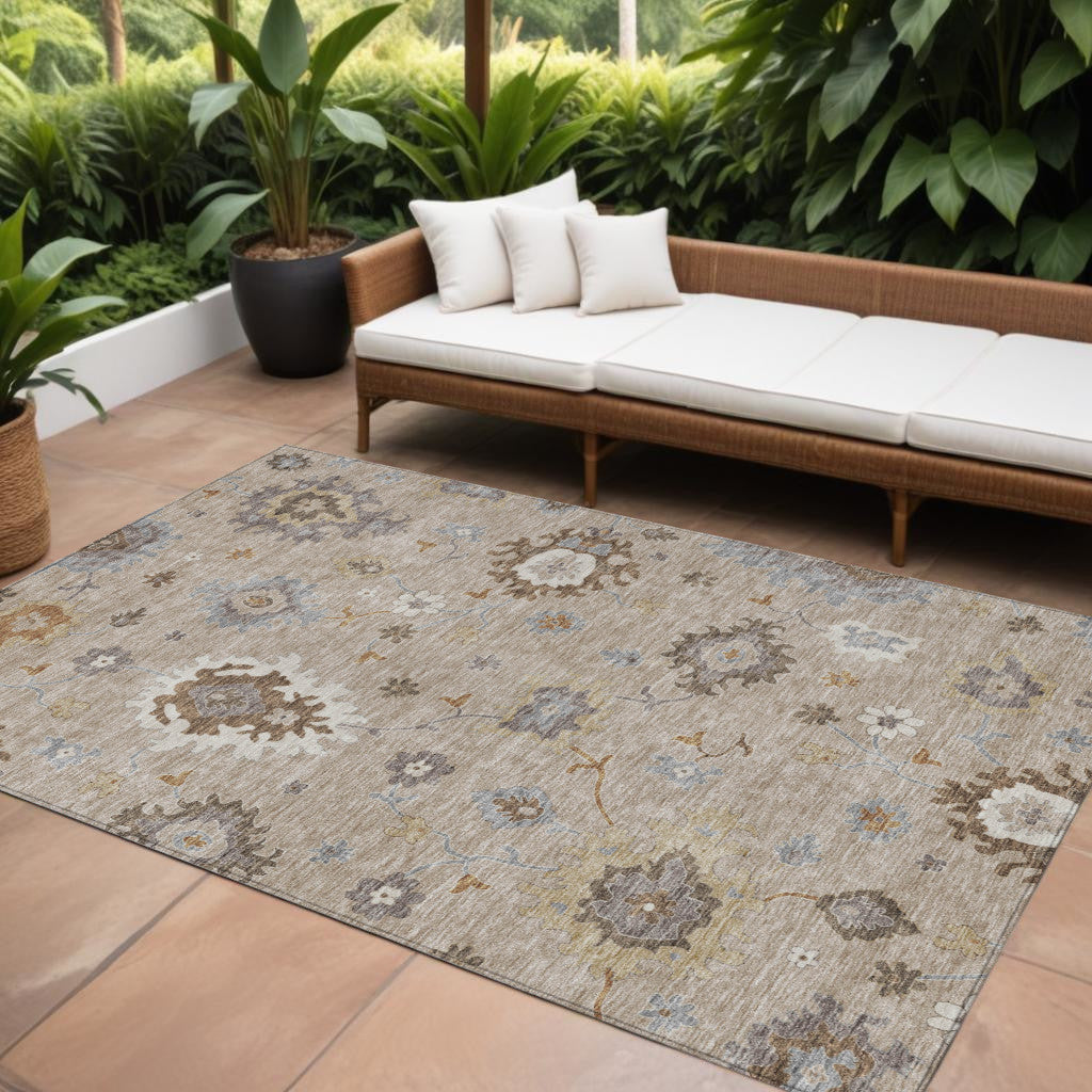 9' X 12' Taupe Silver And Gray Floral Washable Indoor Outdoor Area Rug