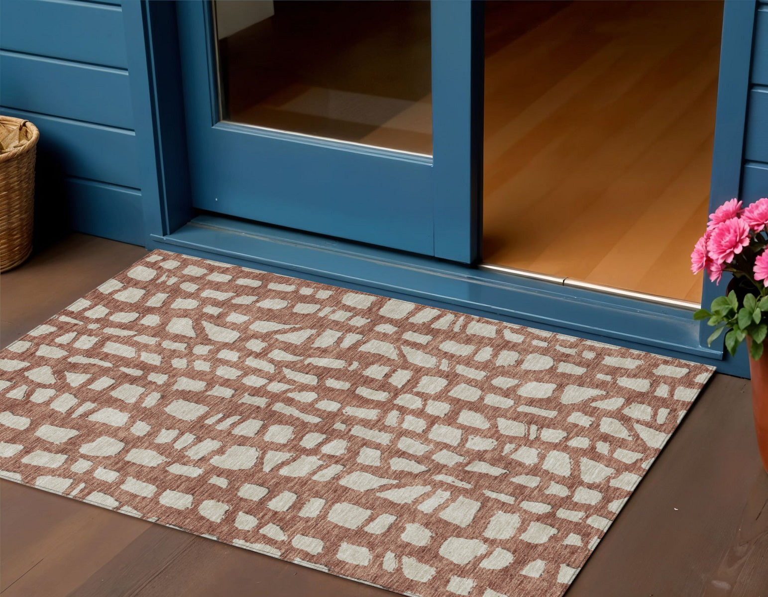 3' X 5' Orange And Ivory Abstract Washable Indoor Outdoor Area Rug