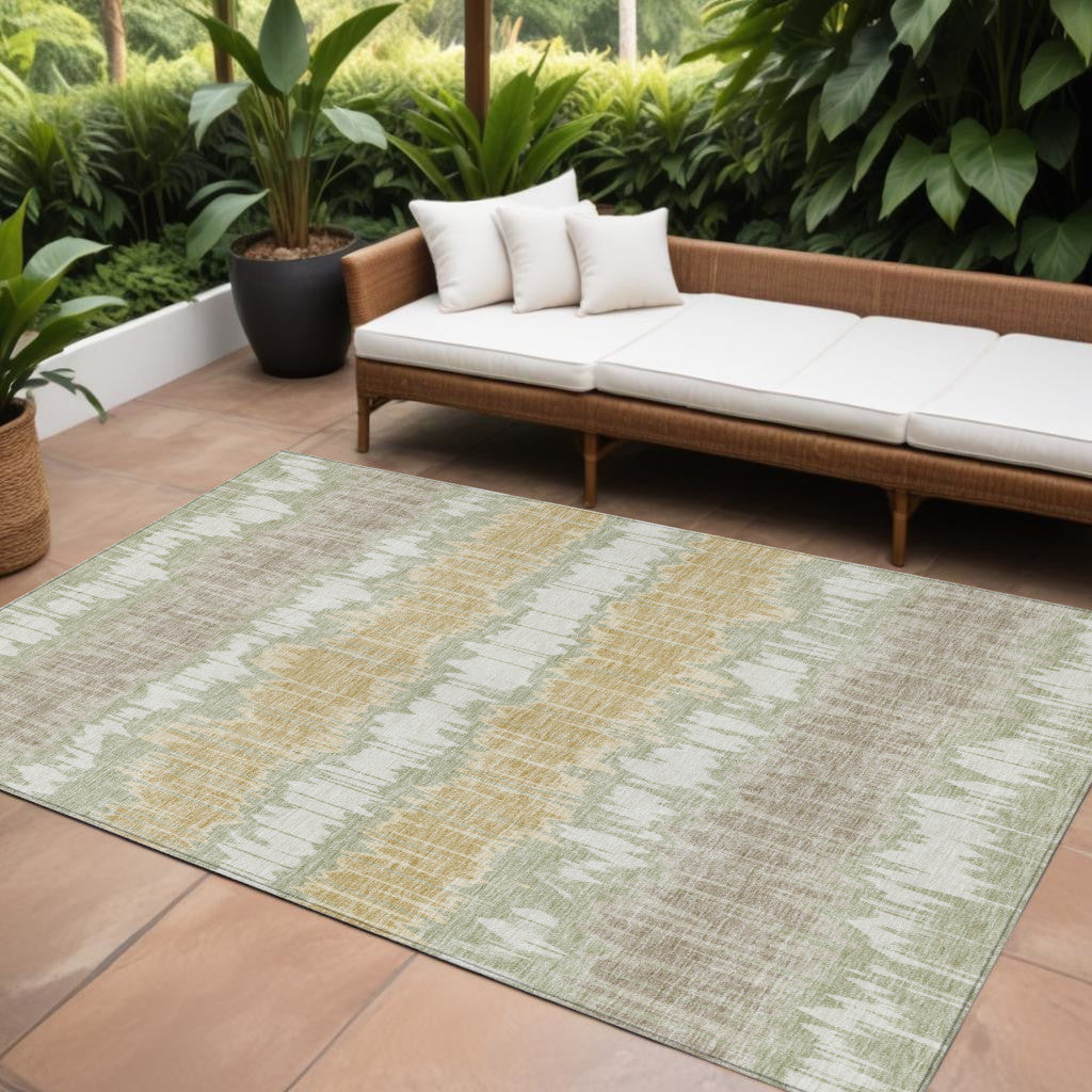 9' X 12' Artichoke Green Ivory And Gold Striped Washable Indoor Outdoor Area Rug