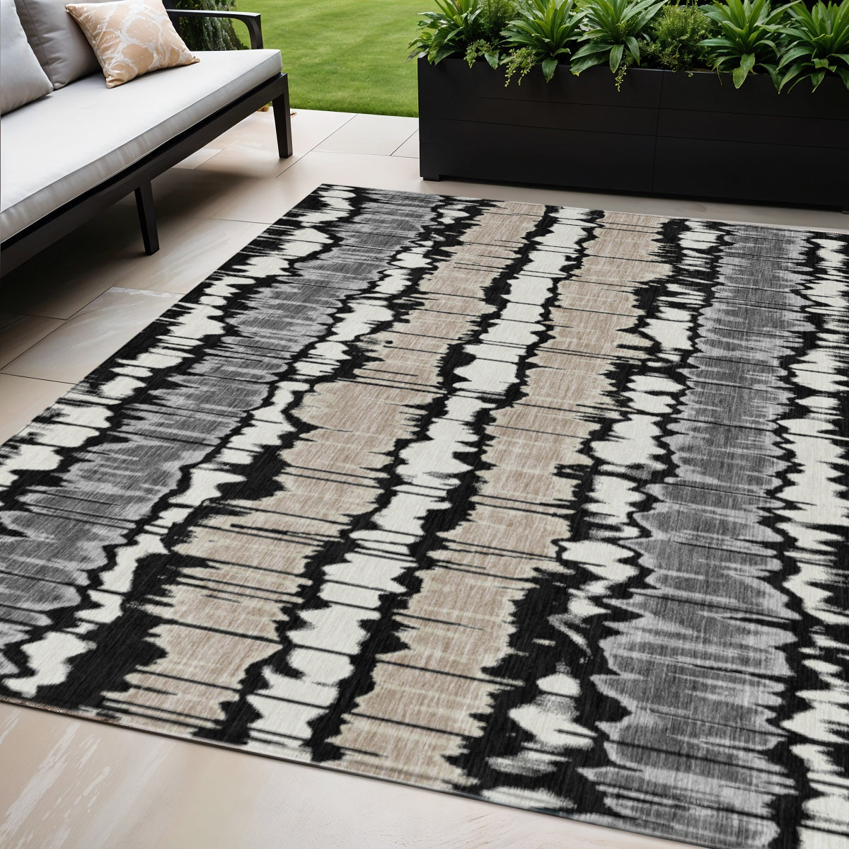 5' X 8' Black Silver And Gray Striped Washable Indoor Outdoor Area Rug