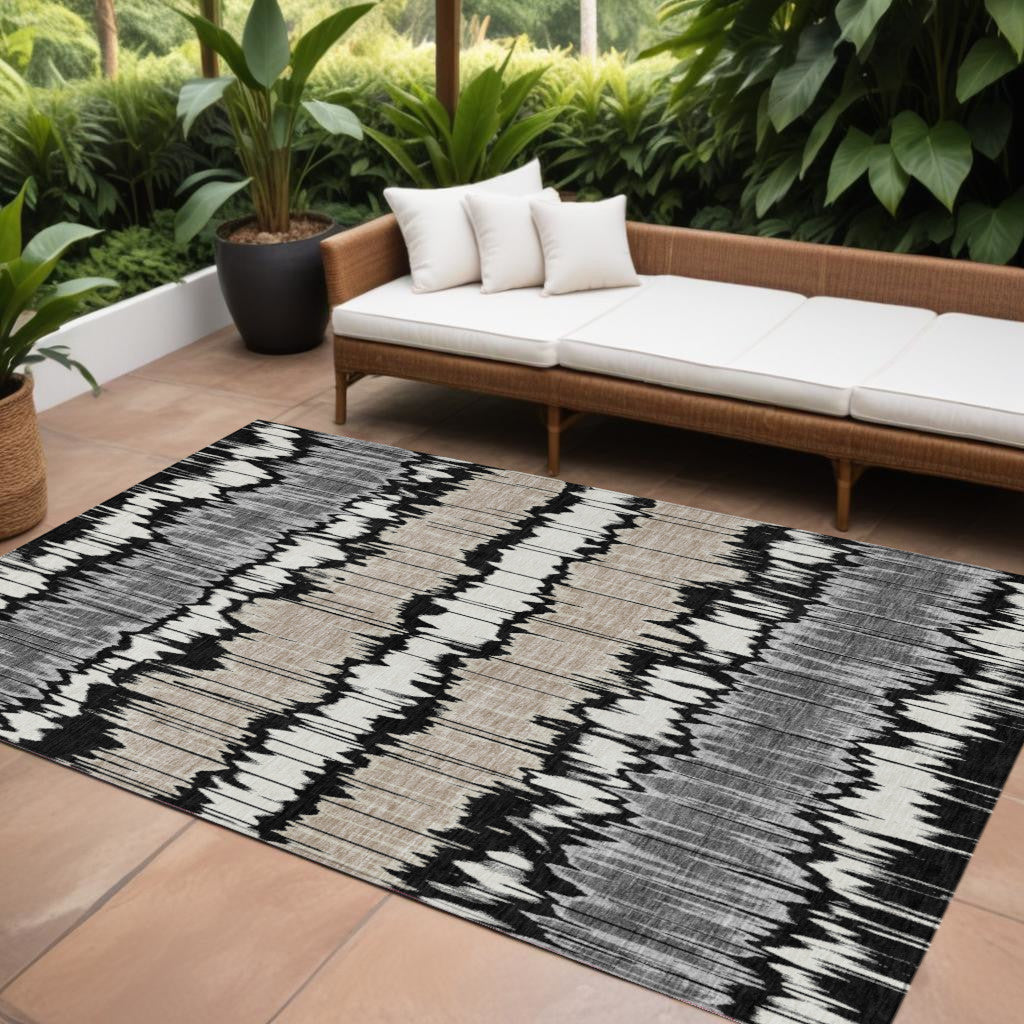 9' X 12' Black Silver And Gray Striped Washable Indoor Outdoor Area Rug