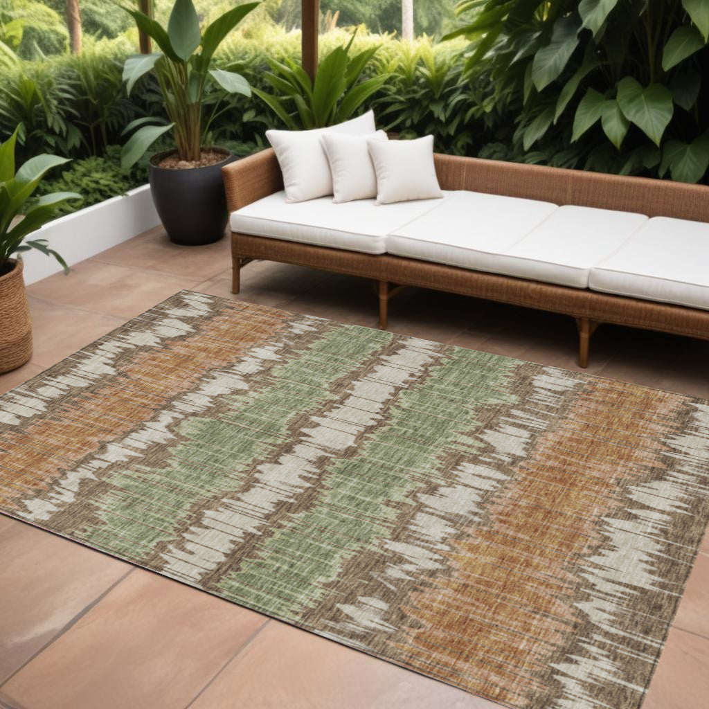 10' X 14' Chocolate Copper And Green Striped Washable Indoor Outdoor Area Rug