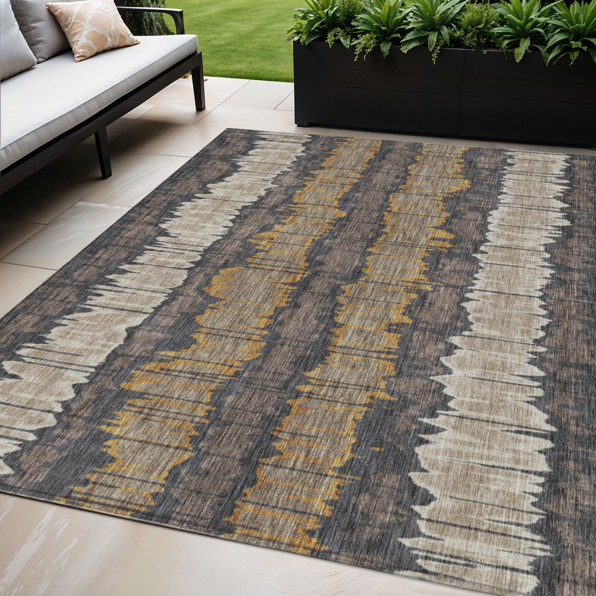5' X 8' Brown And Taupe Striped Washable Indoor Outdoor Area Rug