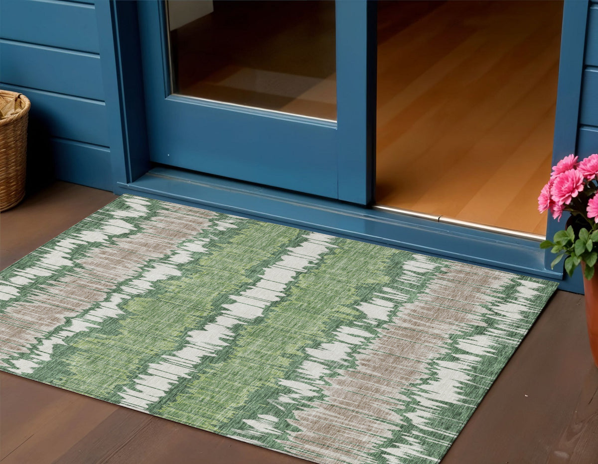 3' X 5' Green Ivory And Taupe Striped Washable Indoor Outdoor Area Rug