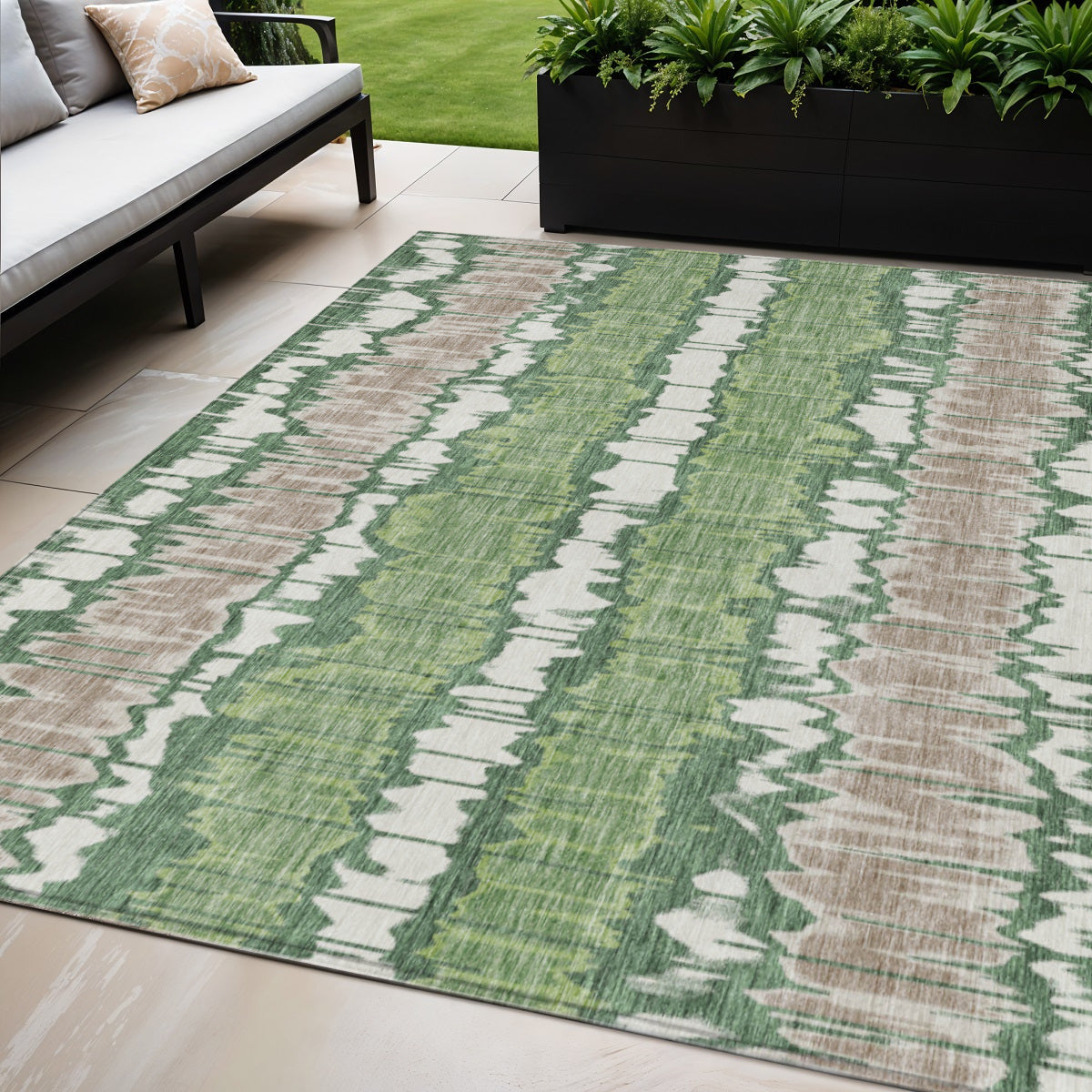 5' X 8' Green Ivory And Taupe Striped Washable Indoor Outdoor Area Rug