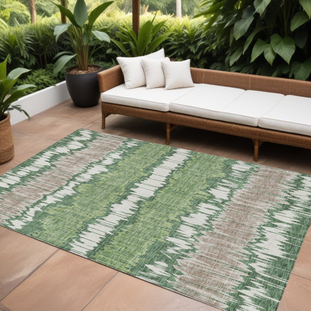 9' X 12' Green Ivory And Taupe Striped Washable Indoor Outdoor Area Rug