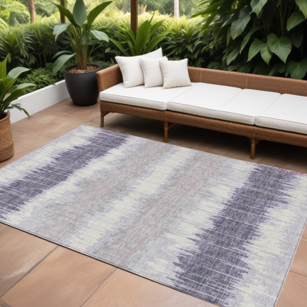 10' X 14' Lavender Purple And Ivory Striped Washable Indoor Outdoor Area Rug