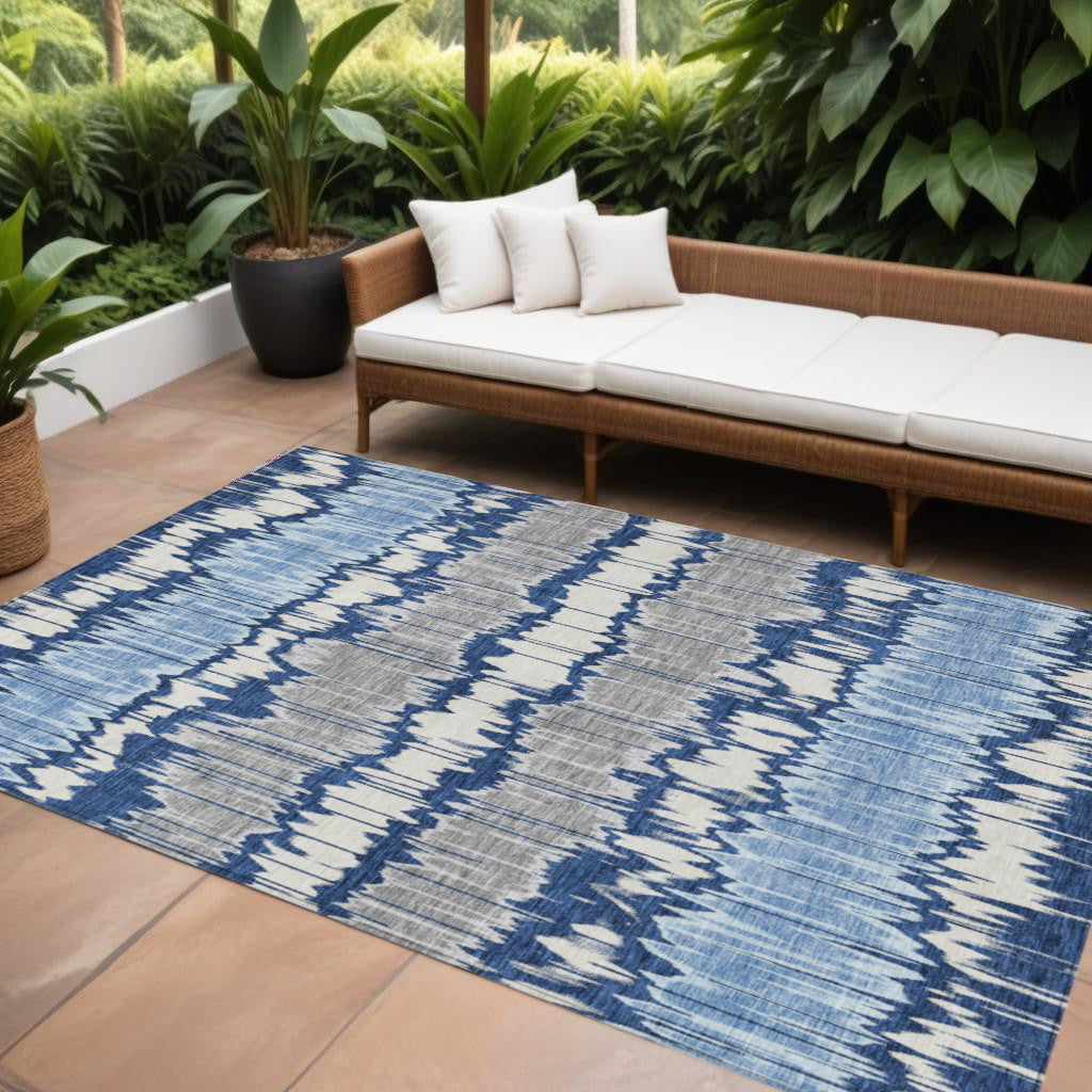 9' X 12' Navy Blue Ivory And Denim Blue Striped Washable Indoor Outdoor Area Rug