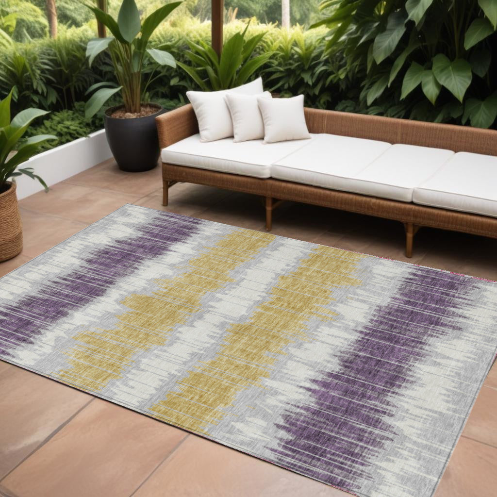 9' X 12' Silver Ivory And Purple Striped Washable Indoor Outdoor Area Rug