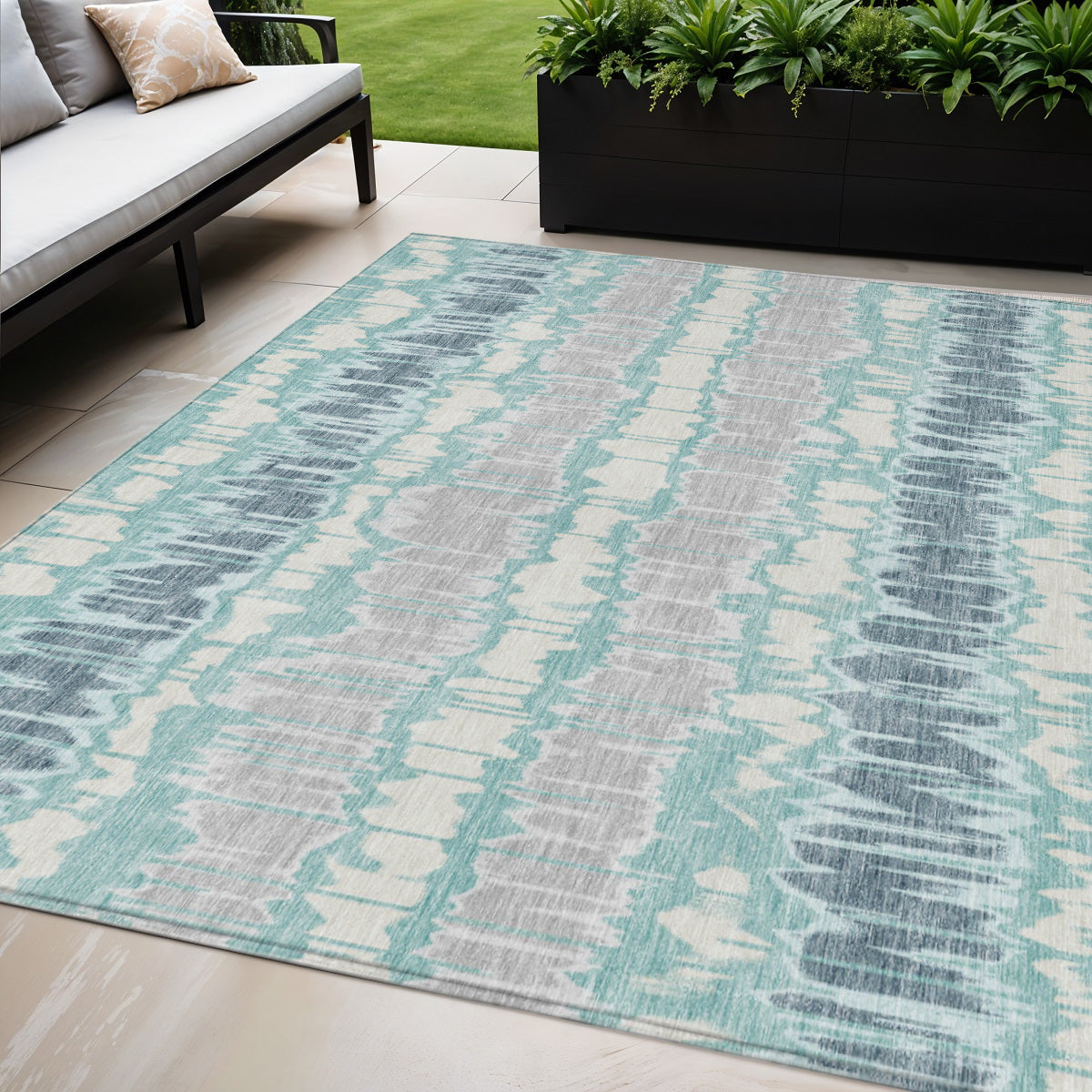 5' X 8' Teal Blue Aqua And Silver Striped Washable Indoor Outdoor Area Rug