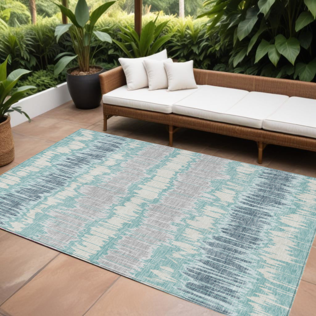 9' X 12' Teal Blue Aqua And Silver Striped Washable Indoor Outdoor Area Rug