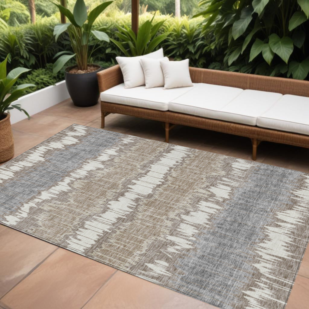9' X 12' Taupe Brown And Ivory Striped Washable Indoor Outdoor Area Rug