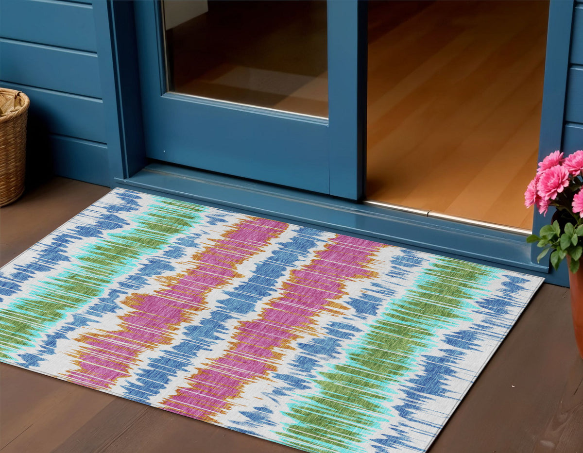 3' X 5' White Blue And Pink Striped Washable Indoor Outdoor Area Rug