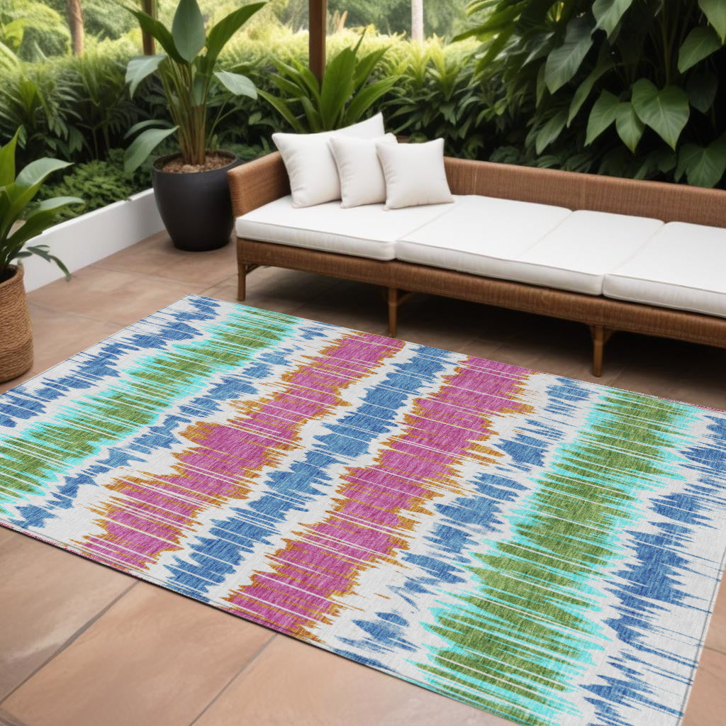 9' X 12' White Blue And Pink Striped Washable Indoor Outdoor Area Rug