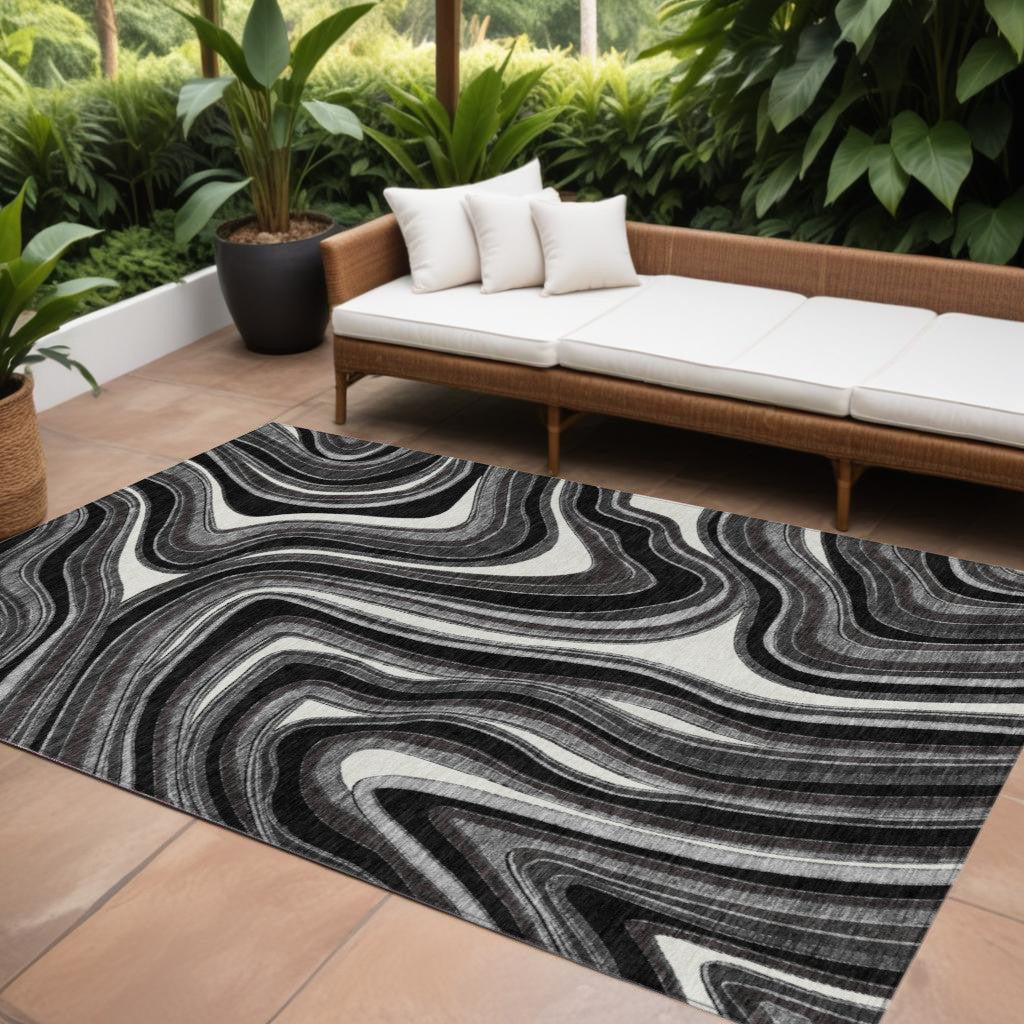 10' X 14' Black Gray And White Abstract Washable Indoor Outdoor Area Rug