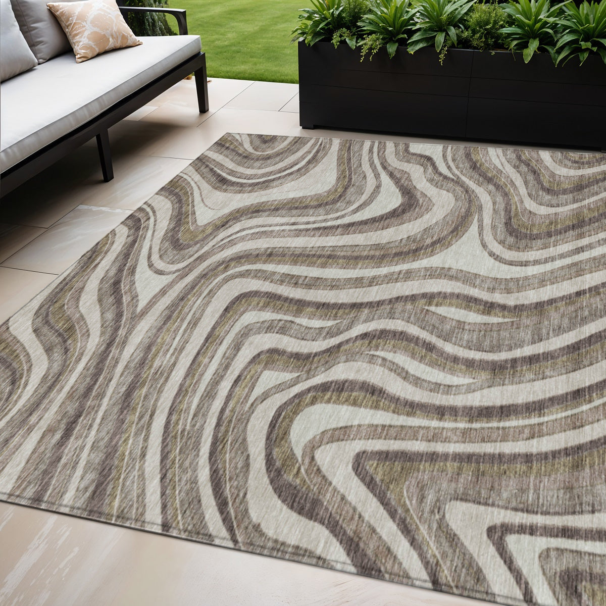5' X 8' Brown Ivory And Taupe Abstract Washable Indoor Outdoor Area Rug