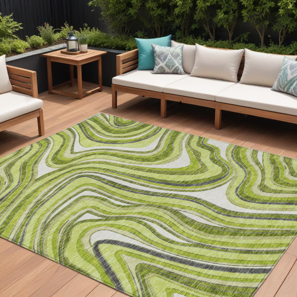 9' X 12' Lime Green And Charcoal Abstract Washable Indoor Outdoor Area Rug