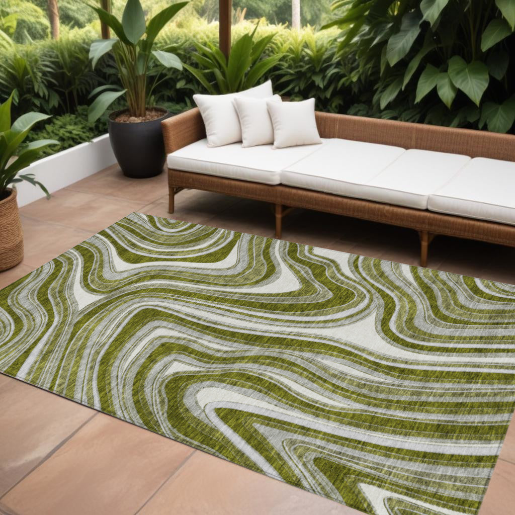 9' X 12' Olive Green Gray And Ivory Abstract Washable Indoor Outdoor Area Rug