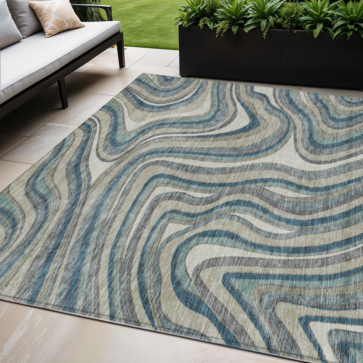 5' X 8' Teal Blue Gray And Taupe Abstract Washable Indoor Outdoor Area Rug