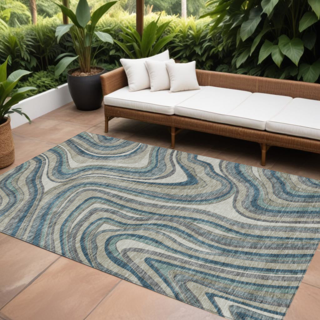 9' X 12' Teal Blue Gray And Taupe Abstract Washable Indoor Outdoor Area Rug