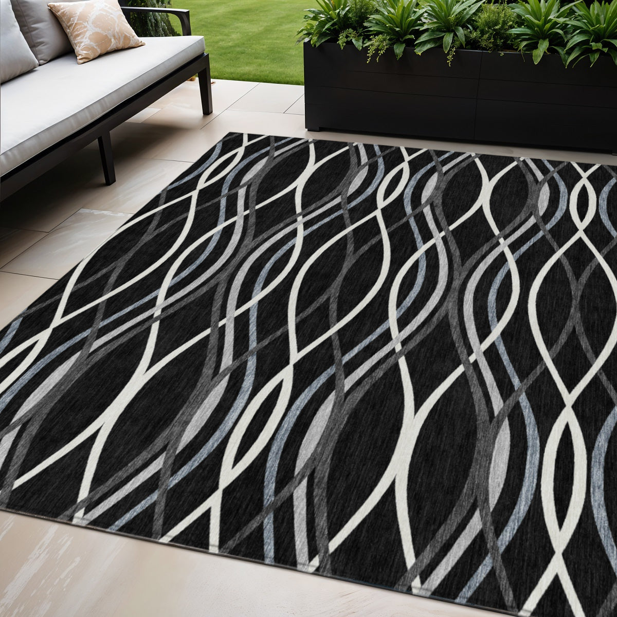 5' X 8' Black Gray And Ivory Abstract Washable Indoor Outdoor Area Rug