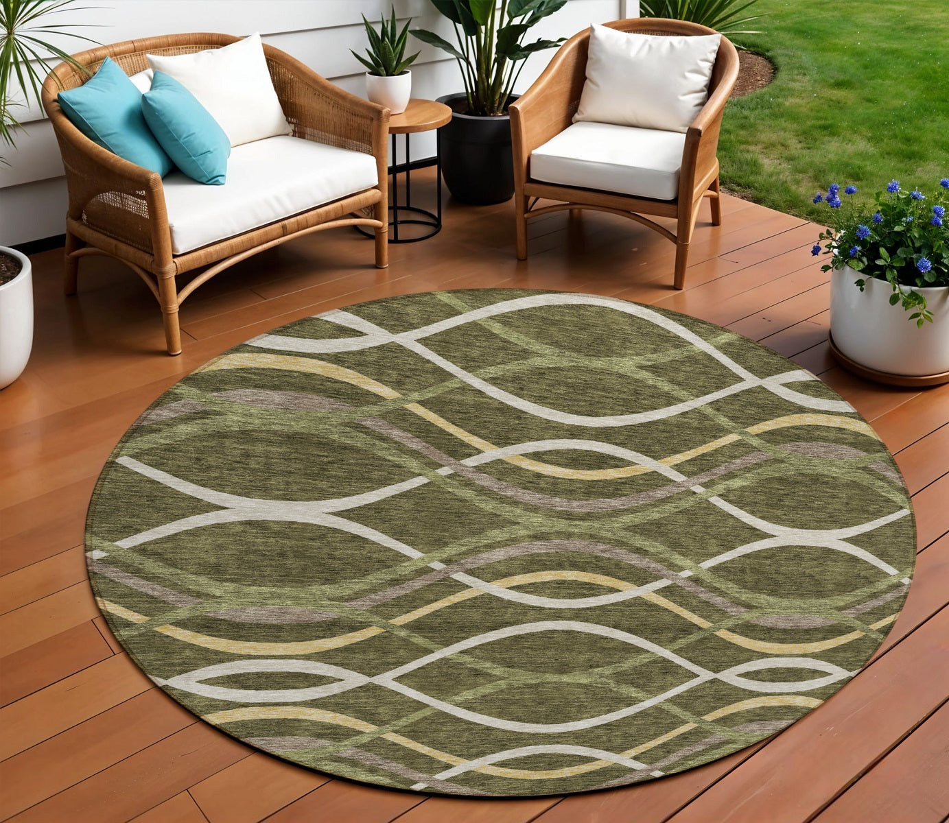 8' Olive Green Fern Green And Ivory Round Abstract Washable Indoor Outdoor Area Rug