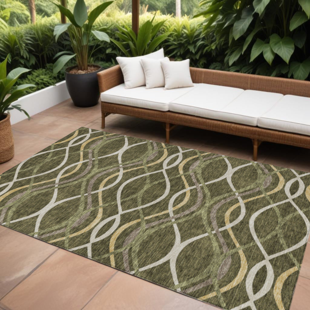 9' X 12' Olive Green Fern Green And Ivory Abstract Washable Indoor Outdoor Area Rug