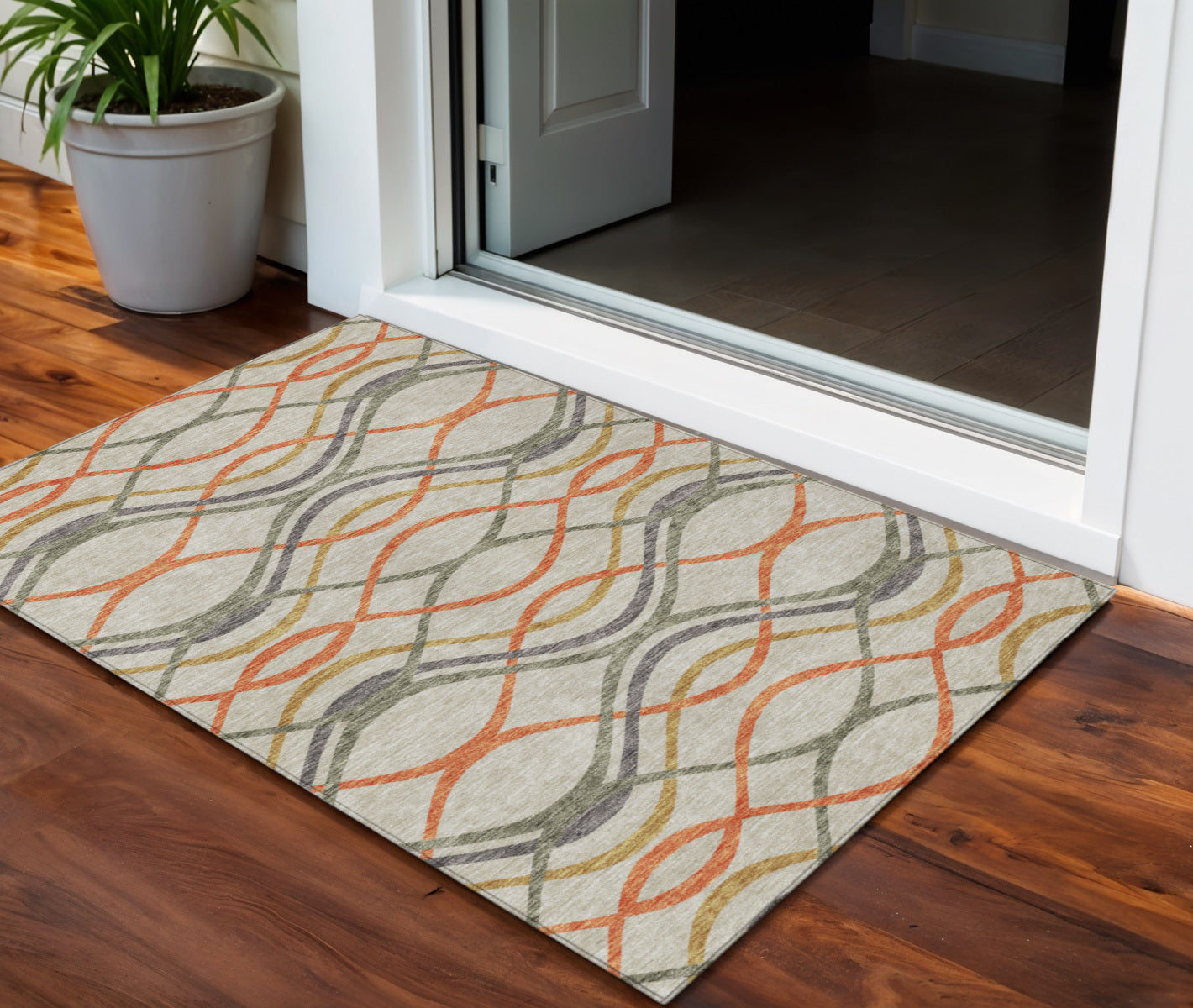 3' X 5' Orange Ivory And Gray Abstract Washable Indoor Outdoor Area Rug