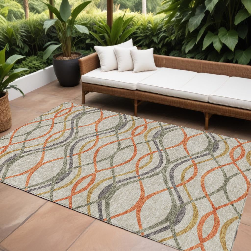 9' X 12' Orange Ivory And Gray Abstract Washable Indoor Outdoor Area Rug