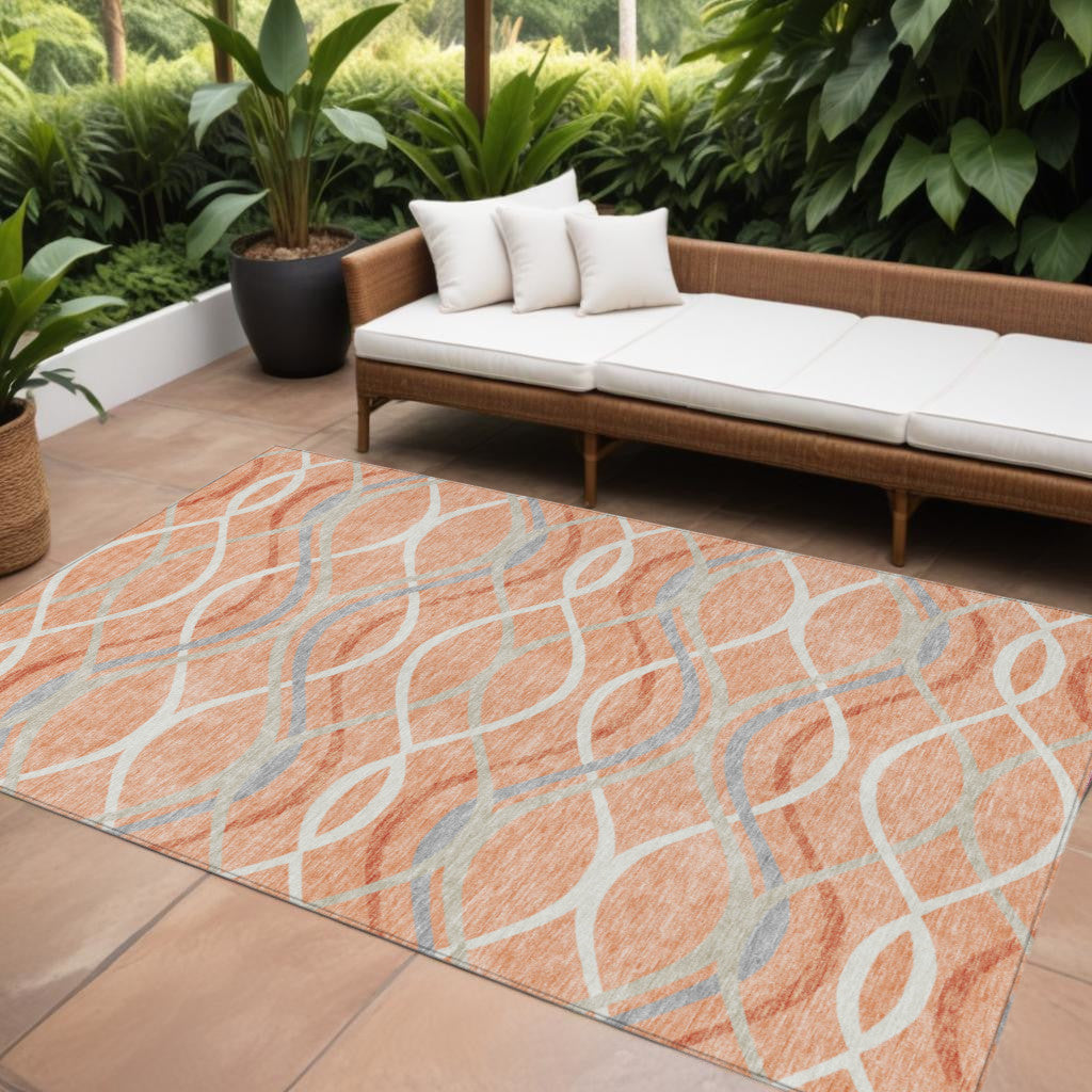 9' X 12' Peach Orange And Gray Abstract Washable Indoor Outdoor Area Rug
