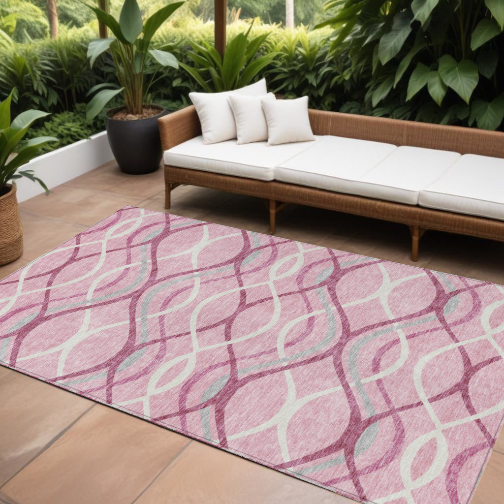 9' X 12' Pink Mauve And Ivory Abstract Washable Indoor Outdoor Area Rug