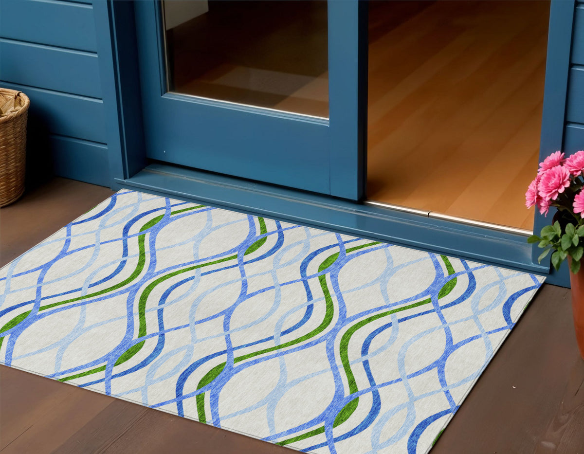3' X 5' Sky Blue And Beige Abstract Washable Indoor Outdoor Area Rug