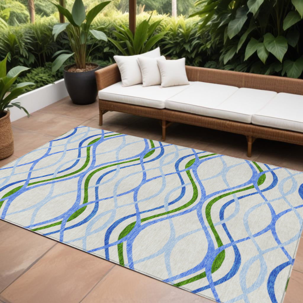 9' X 12' Sky Blue And Beige Abstract Washable Indoor Outdoor Area Rug