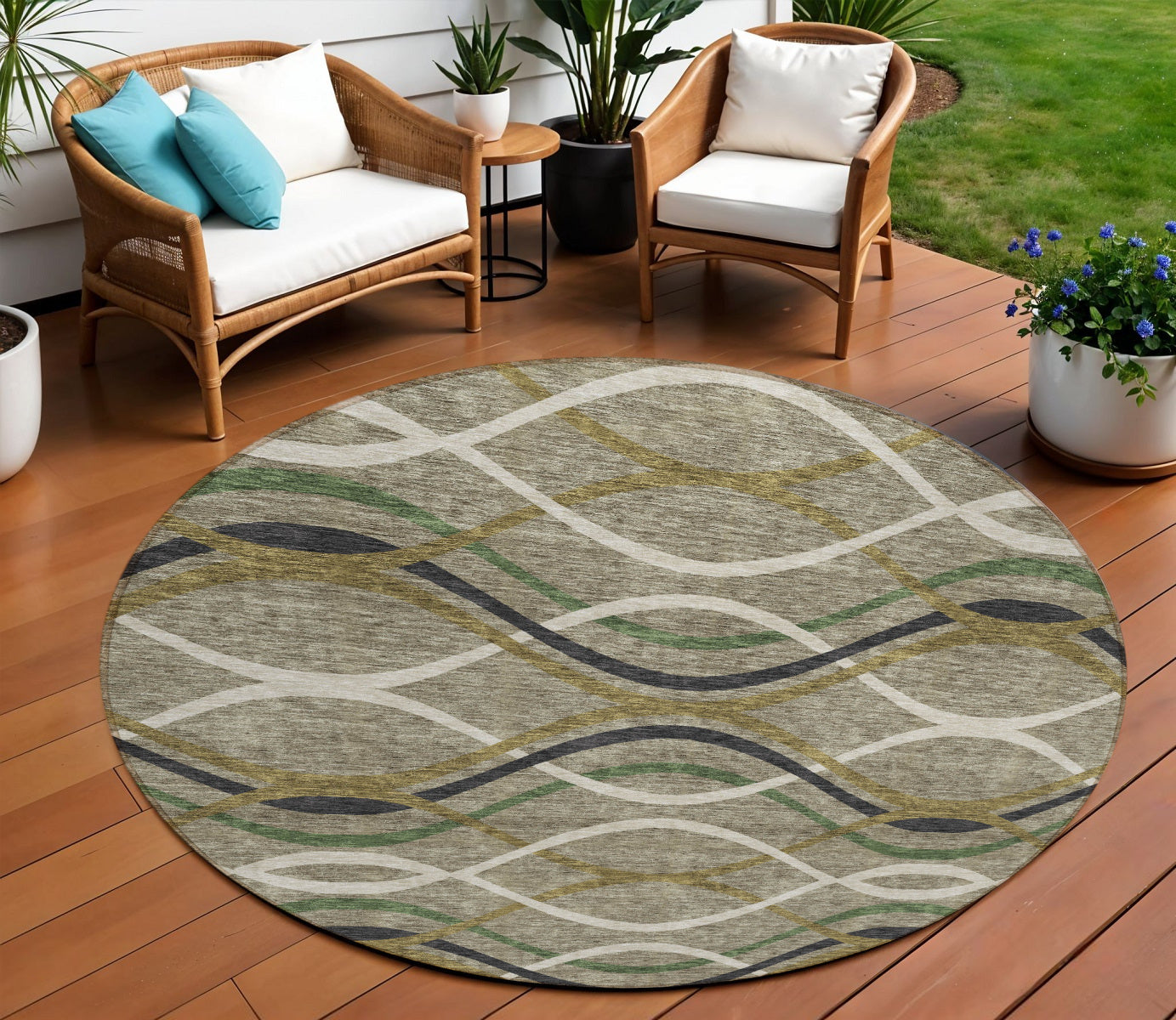 8' Taupe Beige And Charcoal Round Abstract Washable Indoor Outdoor Area Rug