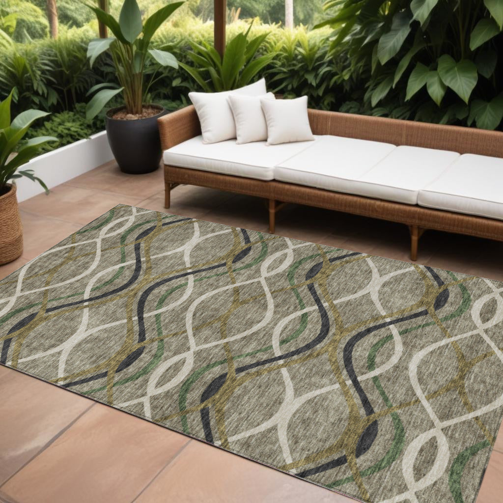 9' X 12' Taupe Beige And Charcoal Abstract Washable Indoor Outdoor Area Rug