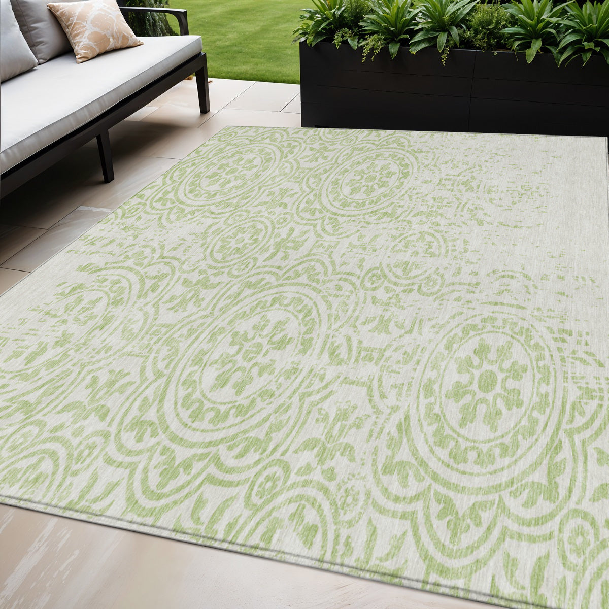 5' X 8' Artichoke Green And Ivory Medallion Washable Indoor Outdoor Area Rug