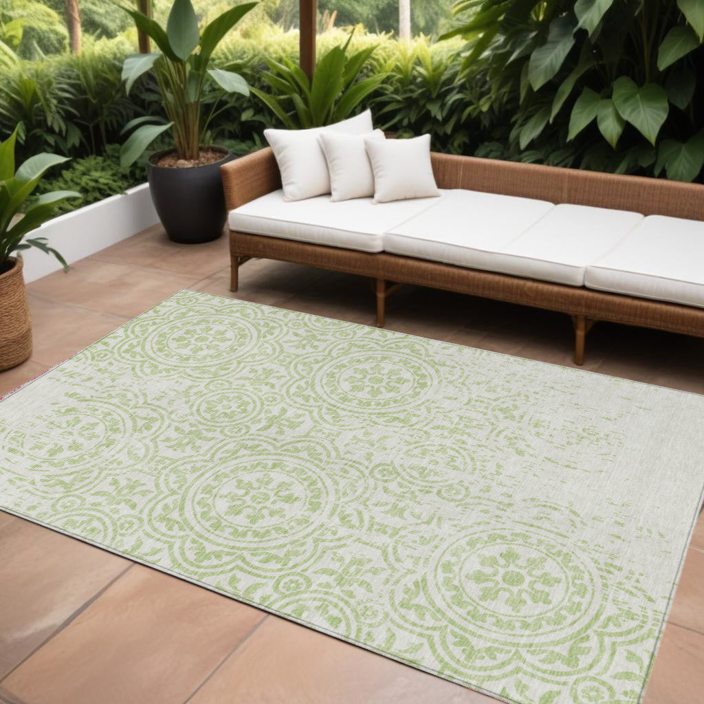 10' X 14' Artichoke Green And Ivory Medallion Washable Indoor Outdoor Area Rug