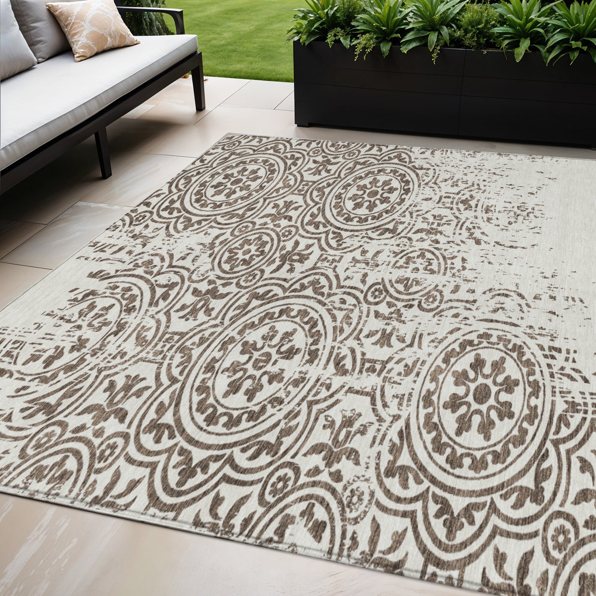 5' X 8' Chocolate And Ivory Medallion Washable Indoor Outdoor Area Rug