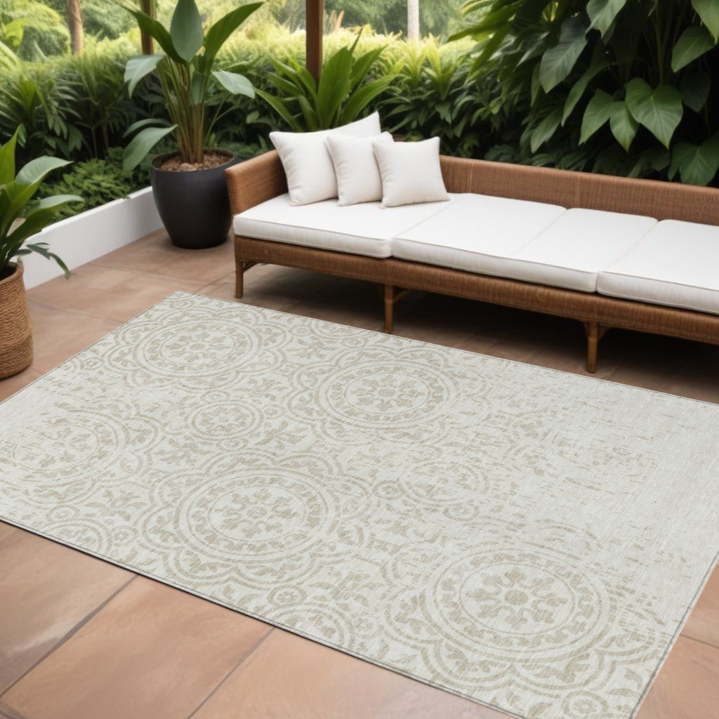 9' X 12' Ivory And Beige Medallion Washable Indoor Outdoor Area Rug