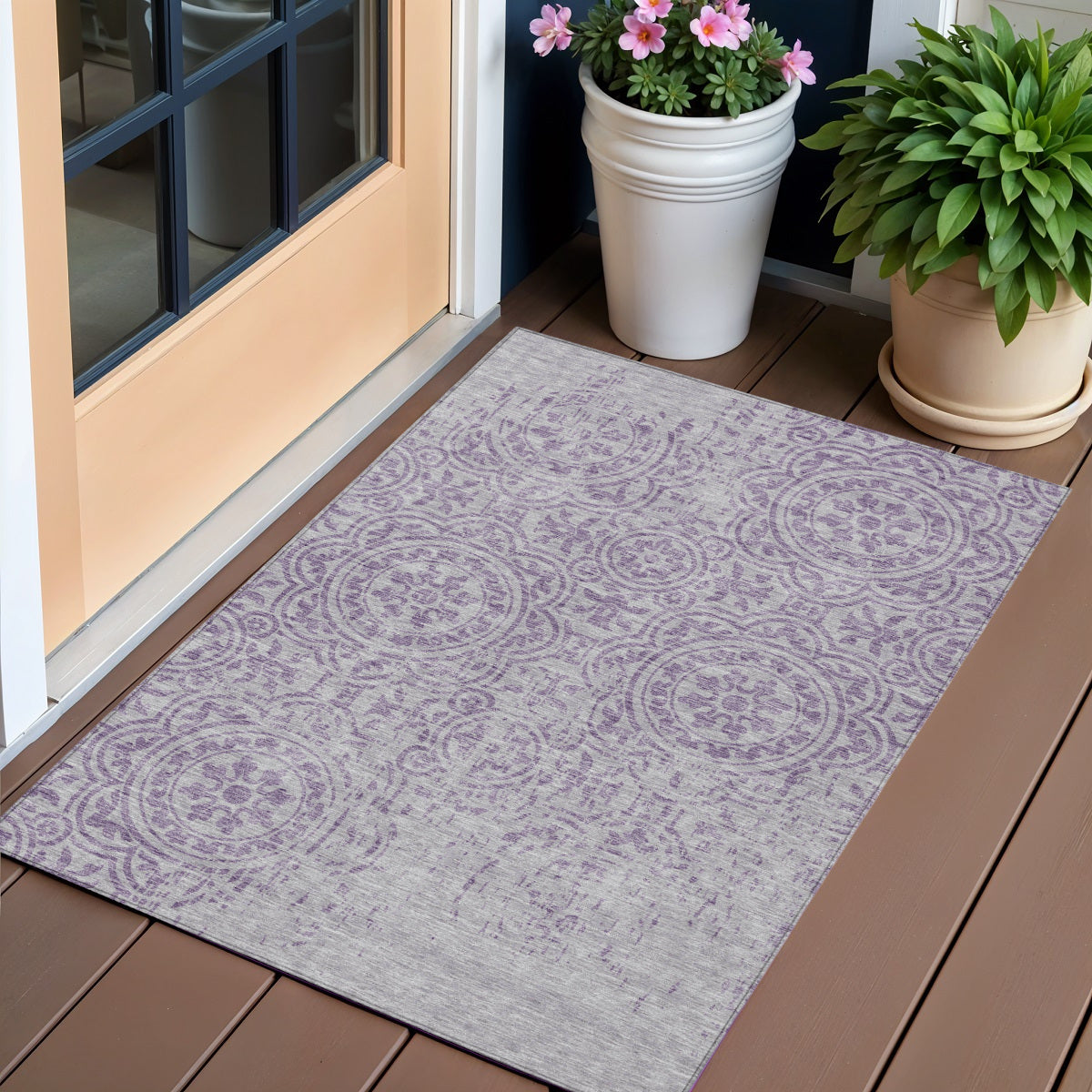 3' X 5' Lavender And Lilac Medallion Washable Indoor Outdoor Area Rug