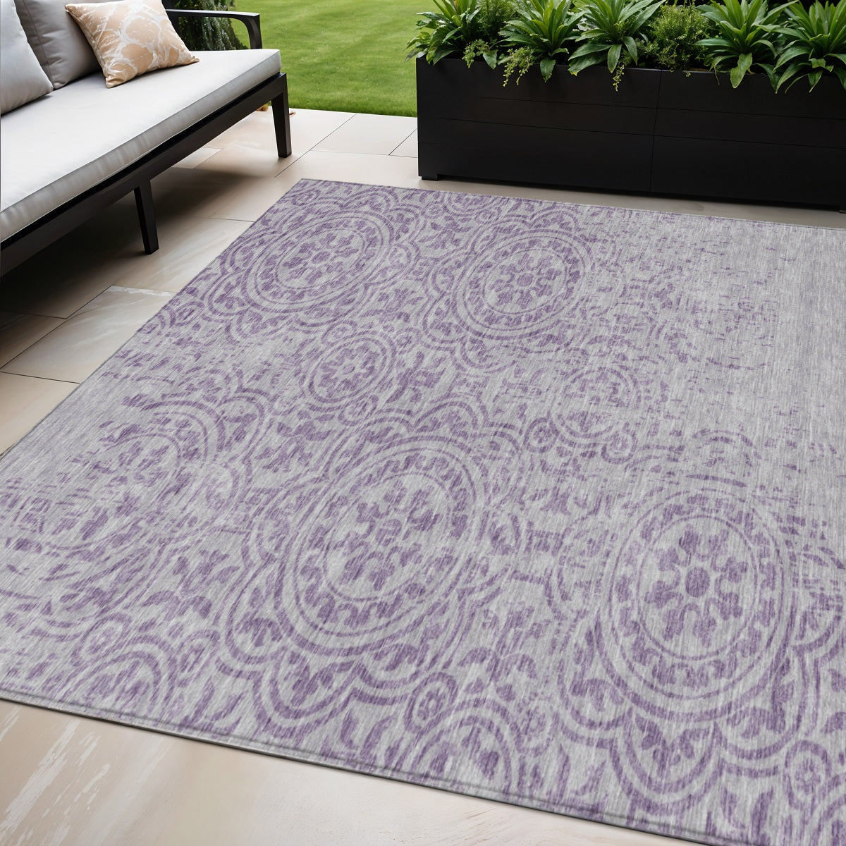 5' X 8' Lavender And Lilac Medallion Washable Indoor Outdoor Area Rug