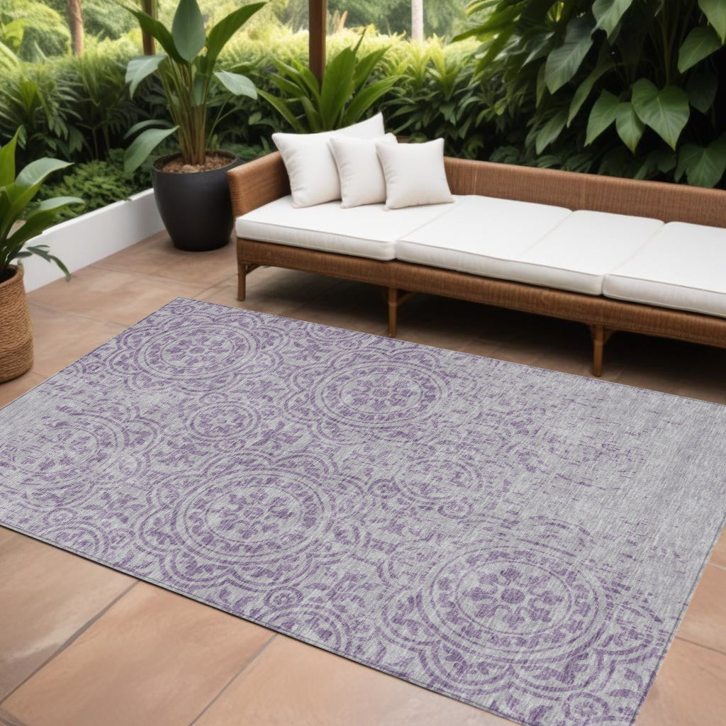 9' X 12' Lavender And Lilac Medallion Washable Indoor Outdoor Area Rug