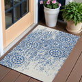 3' X 5' Navy Blue And Ivory Medallion Washable Indoor Outdoor Area Rug