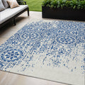 5' X 8' Navy Blue And Ivory Medallion Washable Indoor Outdoor Area Rug